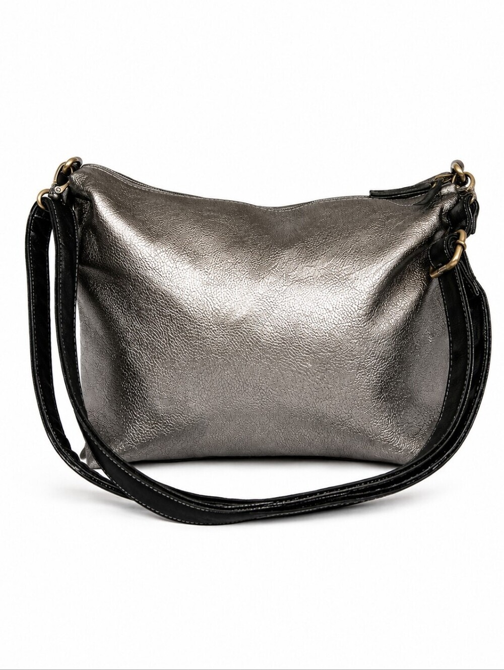Vtg 1980s Gunmetal Silver Disco Faux Leather Hobo Grunge Shoulder Bag